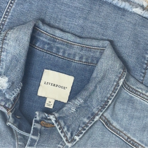 Liverpool Faded Blue Distressed Wide Long Sleeve Crop Denim Jean Jacket Medium - Picture 10 of 15